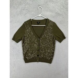 Talbots Cardigan Sweater Women Large Petite Green Sequin Short Sleeve Button Up